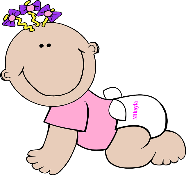cute baby crawling with flowers in hair wearing a white cloth diaper
