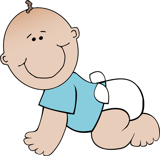Crawling baby with a smile and wearing a cloth diaper
