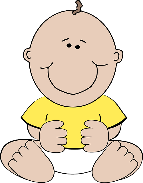 cute cartoon baby sat on floor with a smile wearing a cloth diaper